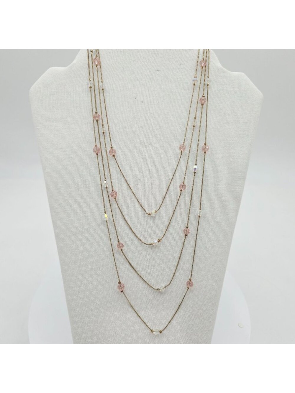 Layered Multi-Strand Gold-Tone Necklace With Pink & Clear Beads Womens Jewelry